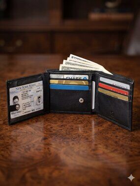 Leather Mens Wallet in Lambskin Leather, Black, Bifold Wallet